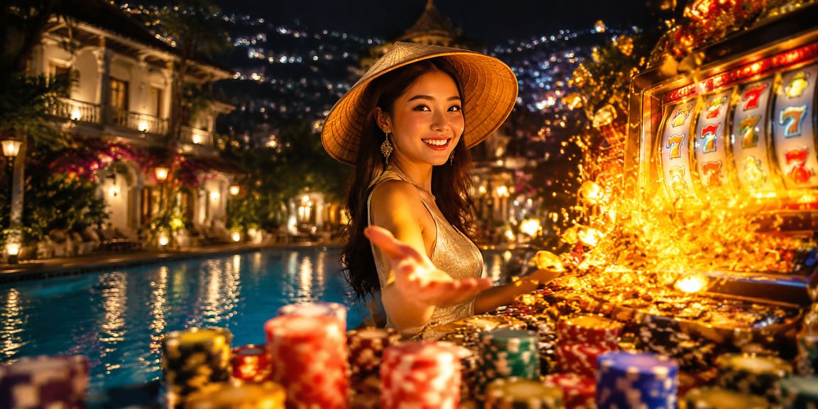 Người dùng Đà Lạt đội nón lá thư giãn với slot game trên điện thoại trong khung cảnh thiên nhiên