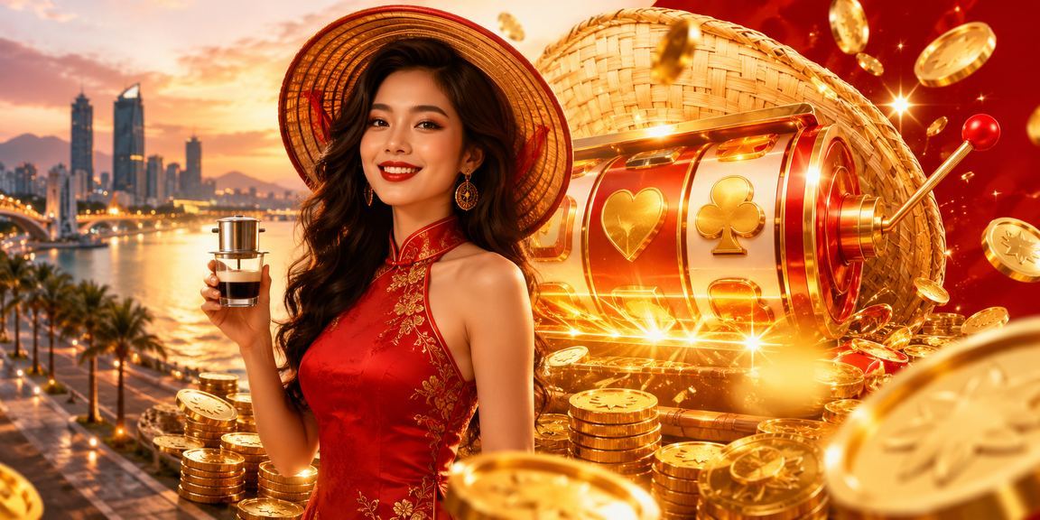 Người phụ nữ Đà Nẵng đội nón lá thưởng thức slot game trên điện thoại ngoài trời
